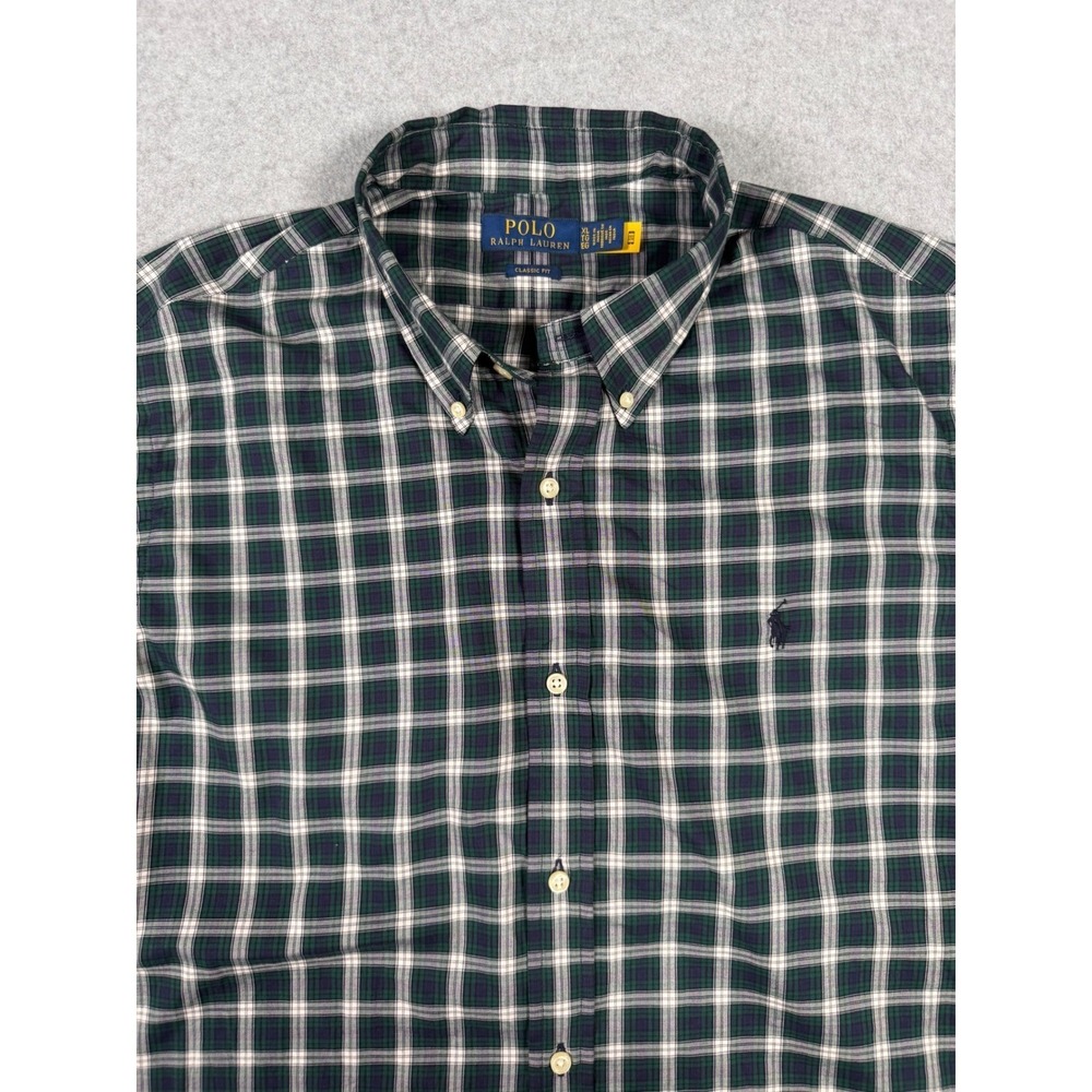 Polo Ralph Lauren Mens XL Classic Fit Plaid Button Down Shirt Green Navy White